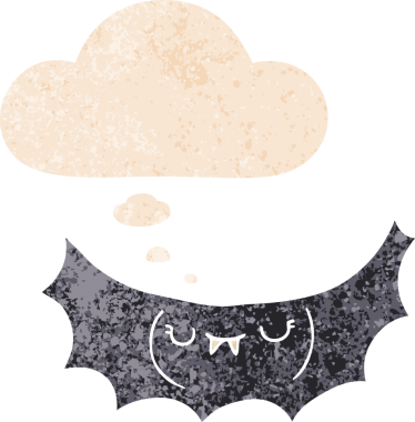 Düşünce baloncuğu olan çizgi vampir yarasa bir insan tarafından çizilmiş dertli retro tarzı