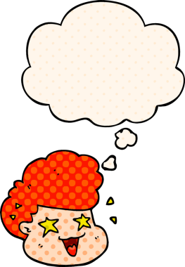 Çizgi roman tarzında bir insan tarafından çizilmiş düşünce baloncuğu olan heyecanlı çocuk.