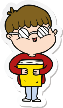 Bir insan tarafından çizilmiş kitap taşıyan gözlüklü bir çizgi film çocuğunun çıkartması.