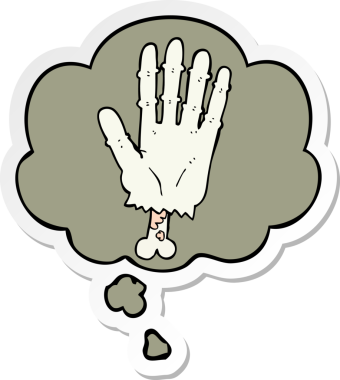 Düşünce baloncuğu insan tarafından çizilmiş bir çıkartma olan çizgi film zombi eli.