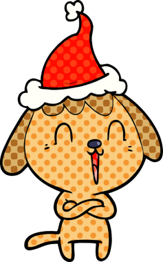 Bir insan tarafından çizilmiş Noel Baba şapkası takan bir köpeğin çizdiği çizgi roman çizimi.