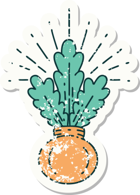 Bir insan tarafından çizilmiş eski bir dövme stili ev bitkisinin etiketi.