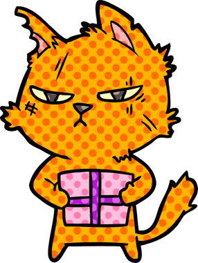 Bir insan tarafından çizilmiş Noel hediyeli sert çizgi film kedisi.