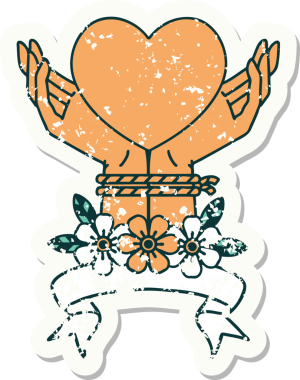 Elleri bağlı eski bir çıkartma ve bir insan tarafından çizilmiş bir kalp.