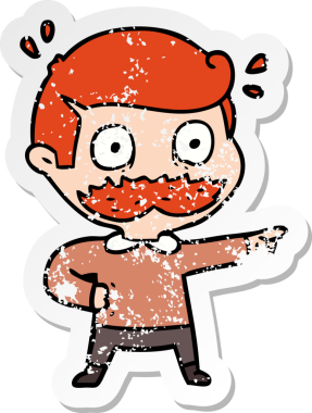 Bir insan tarafından çizilmiş bıyıklı bir çizgi film karakterinin sıkıntılı çıkartması.