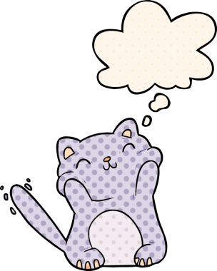 Çizgi roman tarzında düşünce baloncuğu olan çizgi film kedisi insan tarafından çizilmiş.