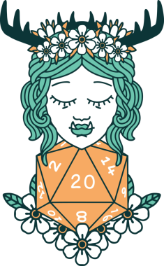 Retro Dövme Biçimi Yarı Ork Druid Bir insan tarafından çizilmiş 20 zar ile