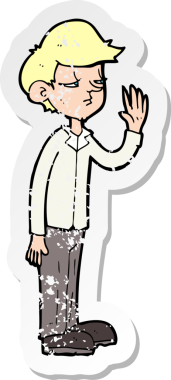 Bir insan tarafından çizilmiş kibirli bir çizgi film karakterinin retro sıkıntılı çıkartması.