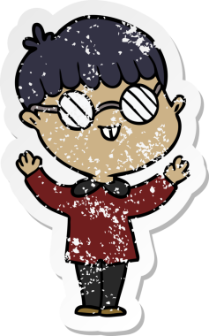 Bir insan tarafından çizilmiş gözlük takan çizgi film karakterinin sıkıntılı çıkartması.