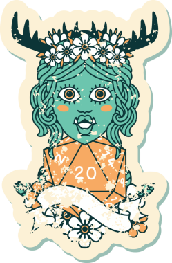 Retro Dövme Biçimi Yarı Ork Druid karakteri Bir insan tarafından çizilmiş doğal 20 zar ile