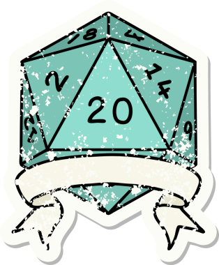 Bir insan tarafından çekilen 20 kritik vuruşluk D20 zar atımının grunge çıkartması.