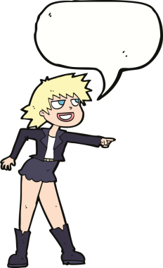 Bir insan tarafından çizilmiş bir konuşma balonuyla işaret eden çizgi film kadını.