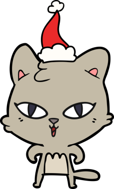 Bir insan tarafından çizilmiş Noel Baba şapkası takan bir kedinin çizimi.