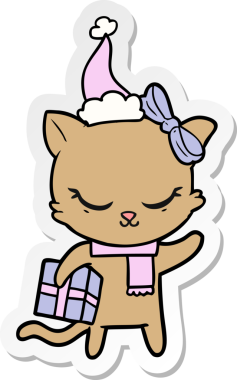 Bir insan tarafından çizilmiş Noel Baba şapkası takan bir kedinin çizilmiş şirin el yazısı.