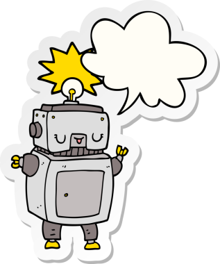 Bir insan tarafından çizilmiş konuşma balonu çıkartmalı çizgi film robotu.