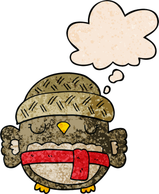 Bir insan tarafından çizilmiş grunge desenli düşünce baloncuğu olan şapkalı sevimli çizgi film baykuşu.