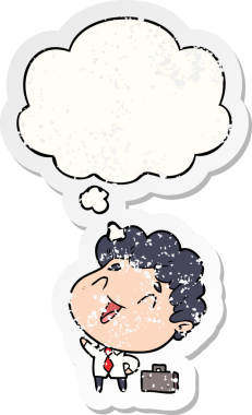 Düşünce baloncuğu olan karikatür işadamı bir insan tarafından çizilmiş yıpranmış bir çıkartma.