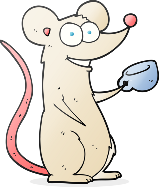 Bir insan tarafından çizilmiş bir fincan çayla serbest çizilmiş çizgi film faresi.