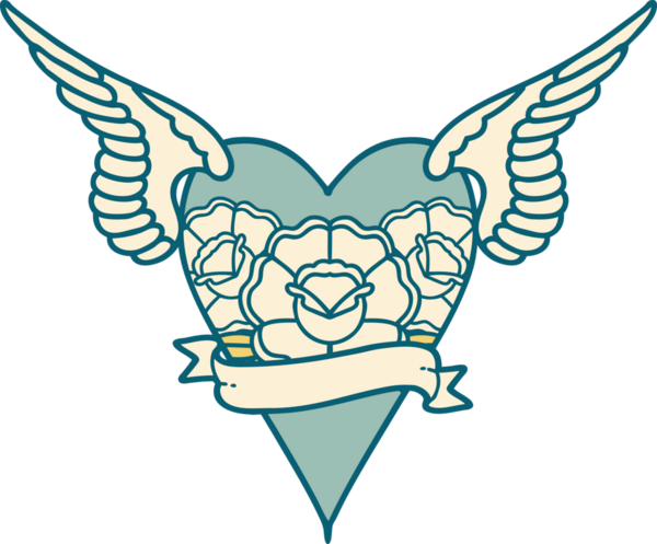 Bir insan tarafından çizilmiş çiçek ve bayrak ile uçan bir kalbin ikonik dövme görüntüsü