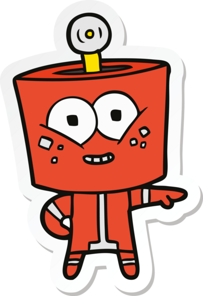 Bir insan tarafından çizilmiş mutlu çizgi film robotunun çıkartması.