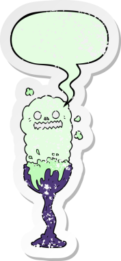 Çizgi film hortlağı Cadılar Bayramı iksiri. Konuşma baloncuklu. Bir insan tarafından çizilmiş sıkıntılı eski bir çıkartma.