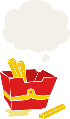 Bir insan tarafından çizilmiş, düşünce baloncuklu patates kızartması kutusu.