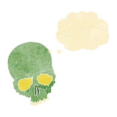 Bir insan tarafından çizilmiş düşünce baloncuklu ürkütücü yaşlı kafatası.