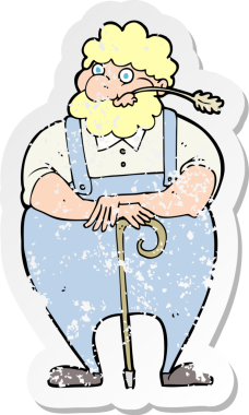 Bir insan tarafından çizilmiş bastona yaslanan çizgi film çiftçisinin stresli retro yapıştırması.