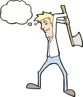 Bir insan tarafından çizilmiş düşünce balonuyla balta sallayan çizgi film adamı.