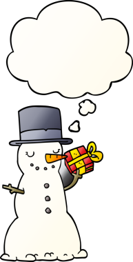 Düşünce baloncuğu olan bir insan tarafından çizilmiş kardan adam çizgi filmi.