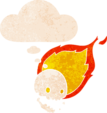 Korkunç çizgi film alevli kafatası grunge sıkıntılı retro dokuma bir insan tarafından çizilen düşünce balonu