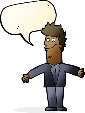 Bir insan tarafından çizilmiş konuşma baloncuğuyla kolları açık mutlu bir adam çizgi filmi.