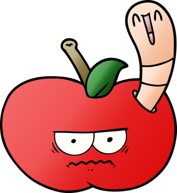 Bir insan tarafından çizilmiş kızgın bir elmayı yiyen çizgi film solucanı.