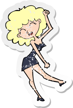 Bir insan tarafından çizilmiş dans eden bir karikatür kadının gerilmiş çıkartması.