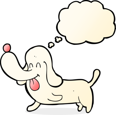 Bir insan tarafından çizilmiş düşünce balonlu mutlu bir köpek.