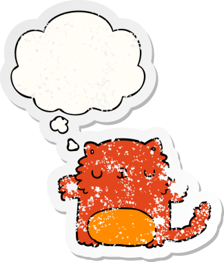 Düşünce baloncuğu olan çizgi film kedisi insan tarafından çizilmiş yıpranmış bir çıkartma.