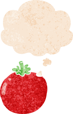 Düşünce baloncuklu çizgi film domatesi grunge sıkıntılı retro dokuma tarzı bir insan tarafından çizilmiş.