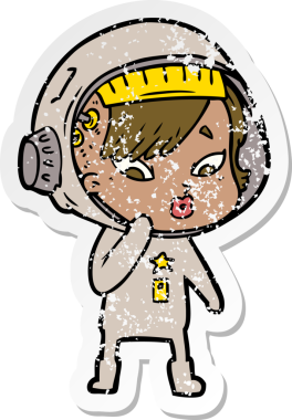 Bir insan tarafından çizilmiş karikatür astronot kadının sıkıntılı çıkartması.