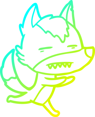 Bir insan tarafından çizilmiş dişleri gösteren çizgi bir kurt çizimi.