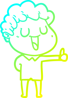 Gülen bir çizgi film karakterinin bir insan tarafından çizilmiş baş parmak işareti çizimi.