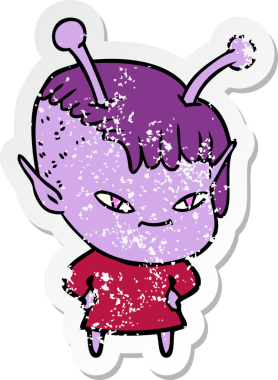 Bir insan tarafından çizilmiş sevimli uzaylı bir kızın sıkıntılı çıkartması.