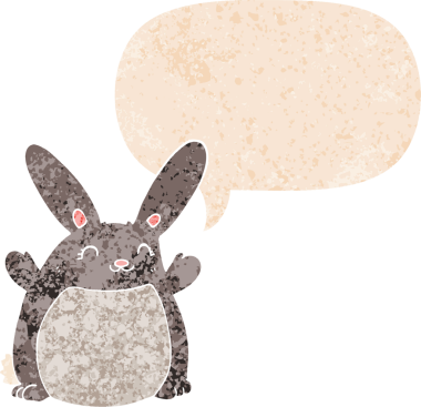 Konuşma baloncuğu olan çizgi film tavşanı bir insan tarafından çizilmiş dertli retro tarzı