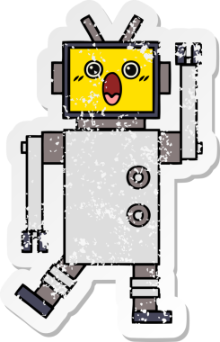 Bir insan tarafından çizilmiş sevimli bir robot çizgi film çıkartması.