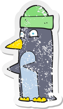 Bir insan tarafından çizilmiş şapka giyen penguen çizgi filminin gerilimli yapıştırması.