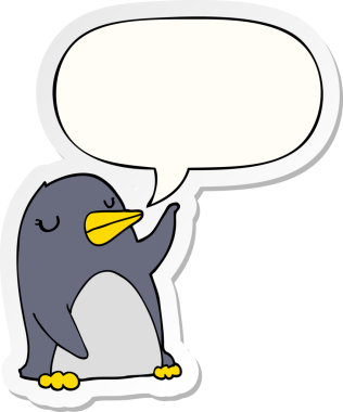 Bir insan tarafından çizilmiş konuşma balonu çıkartmalı penguen çizgi filmi.