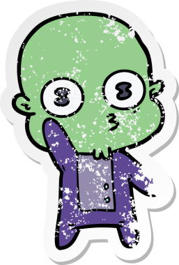 Bir insan tarafından çizilmiş garip, kel bir uzay adamının sıkıntılı çıkartması.