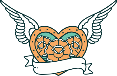 Bir insan tarafından çizilmiş çiçek ve bayrak ile uçan bir kalbin ikonik dövme görüntüsü