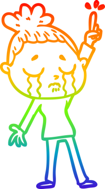 Gökkuşağı gradyan çizgi çizimi. Ağlayan bir kadın. Bir insan tarafından çizilmiş el kaldırıyor.