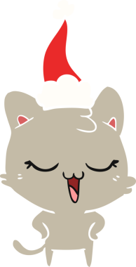 Bir insan tarafından çizilmiş Noel Baba şapkası takan bir kedinin düz renk çizimi.