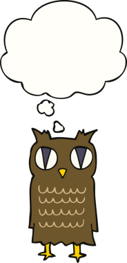 Bir insan tarafından çizilmiş düşünce baloncuklu çizgi film baykuşu